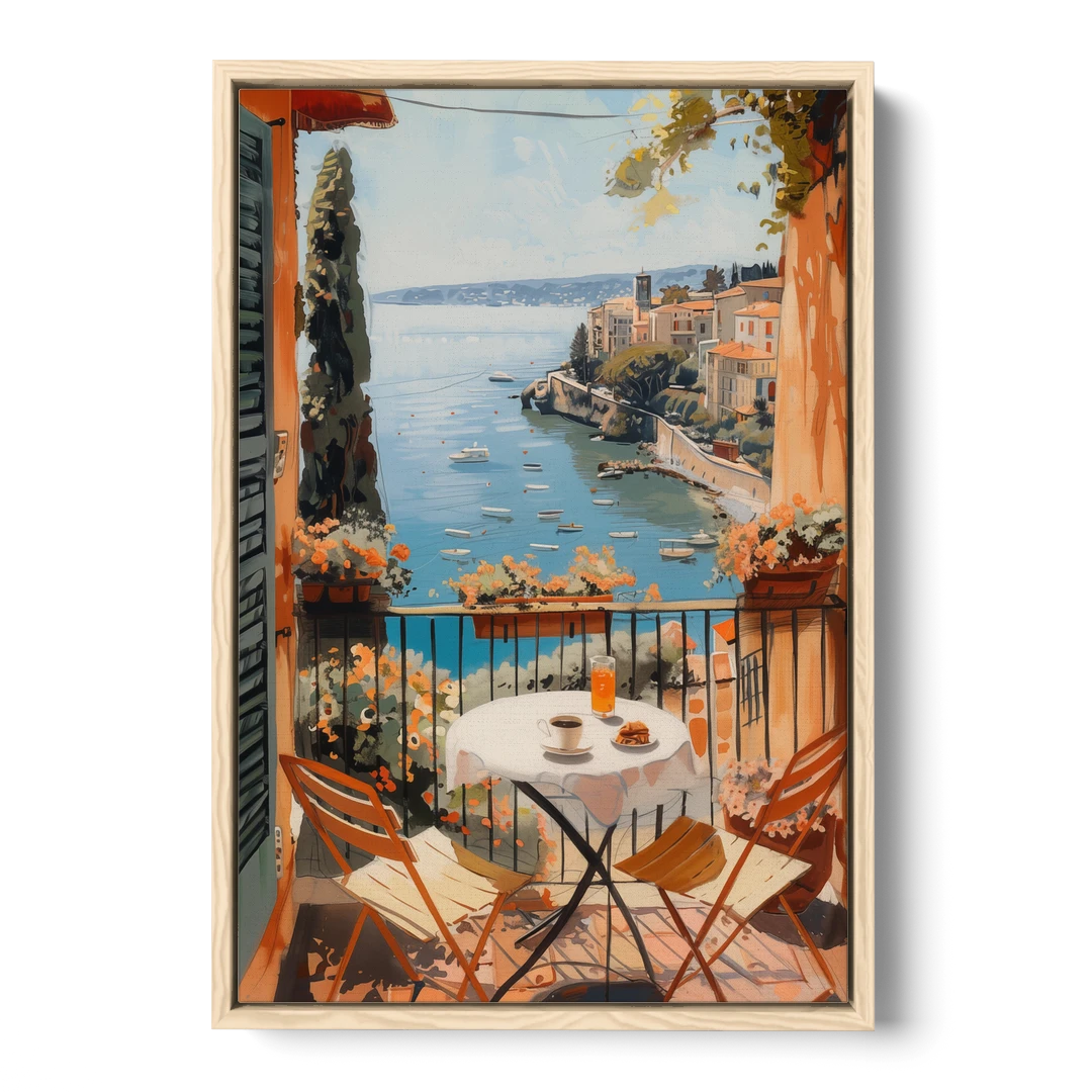 Balcony Painting Over an Italian Bay - Oak Framed Canvas Wall Art - Front