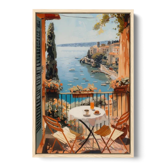 Balcony Painting Over an Italian Bay - Oak Framed Canvas Wall Art - Front