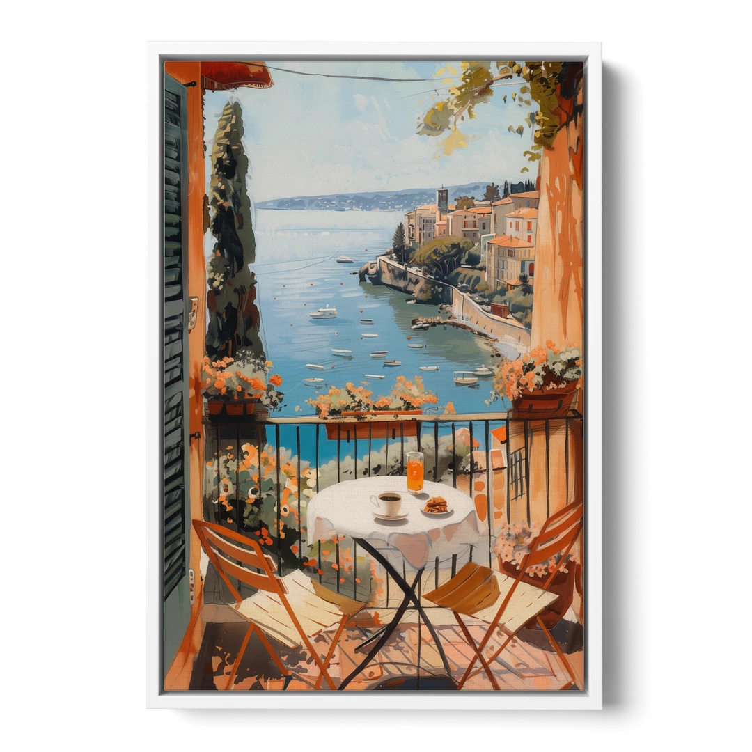 Balcony Painting Over an Italian Bay - White Framed Canvas Wall Art - Front