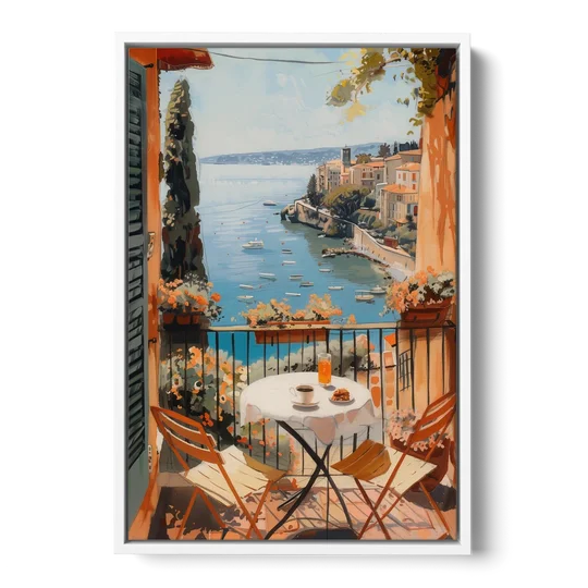 Balcony Painting Over an Italian Bay - White Framed Canvas Wall Art - Front