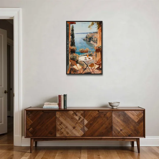 Balcony Painting Over an Italian Bay - Black Framed Canvas Wall Art - Coffee Table - 24x36