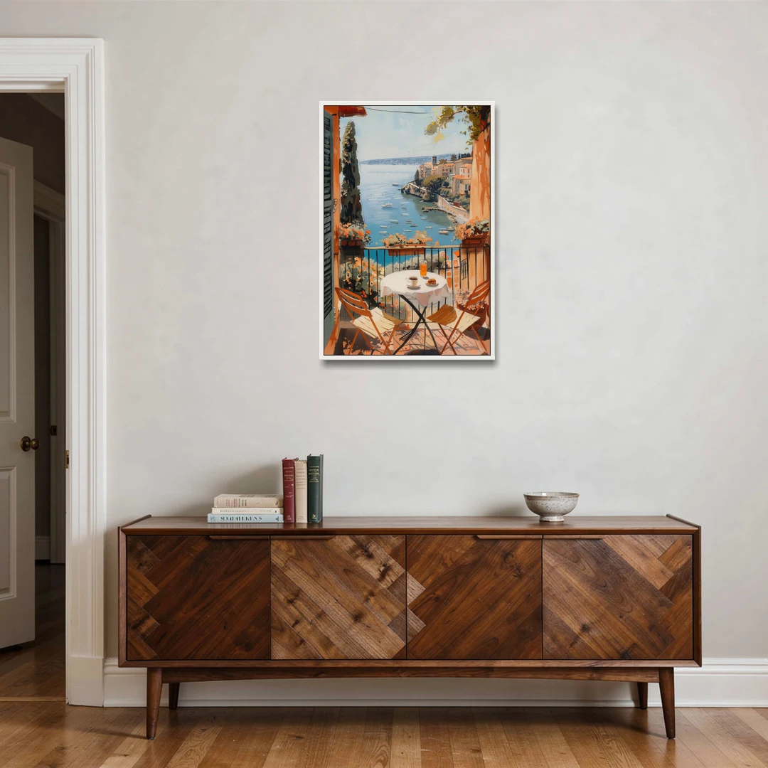 Balcony Painting Over an Italian Bay - White Framed Canvas Wall Art - Coffee Table - 24x36