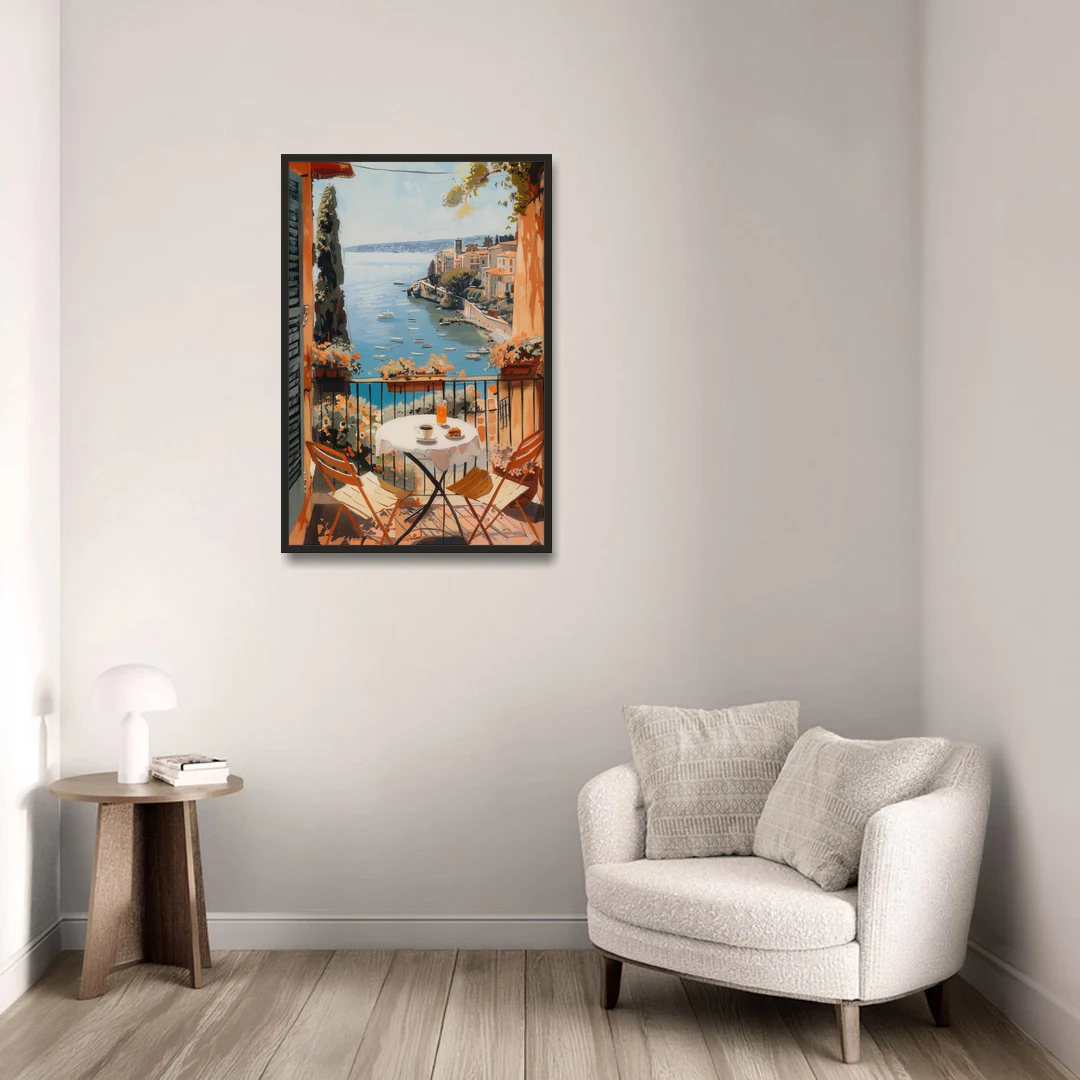 Balcony Painting Over an Italian Bay - Black Framed Canvas Wall Art - Sofa - 24x36