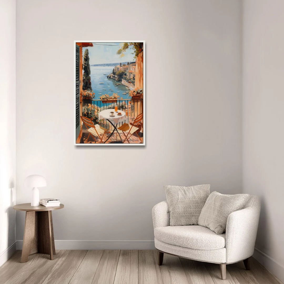 Balcony Painting Over an Italian Bay - White Framed Canvas Wall Art - Sofa - 24x36
