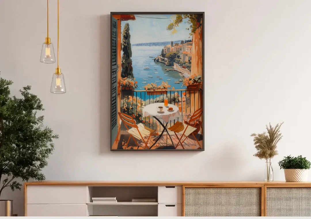 Balcony Painting Over an Italian Bay canvas wall art above a wooden sideboard under pendant lights