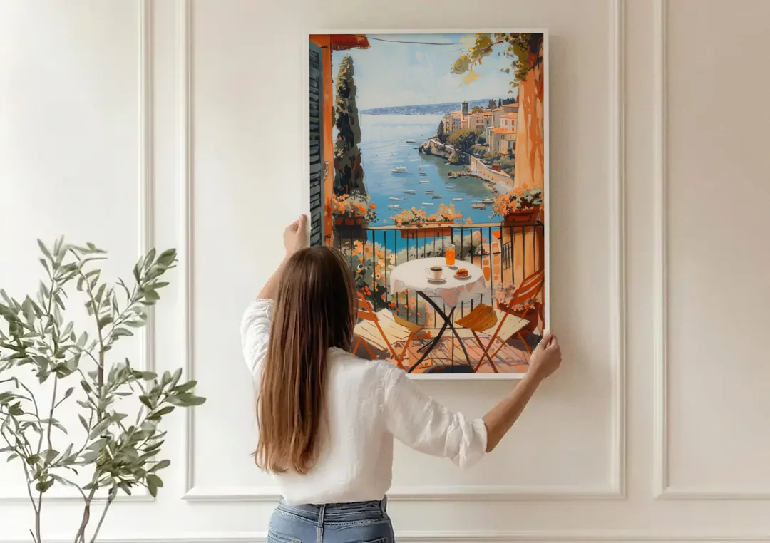 Balcony Painting Over an Italian Bay canvas wall art being hung on a paneled wall