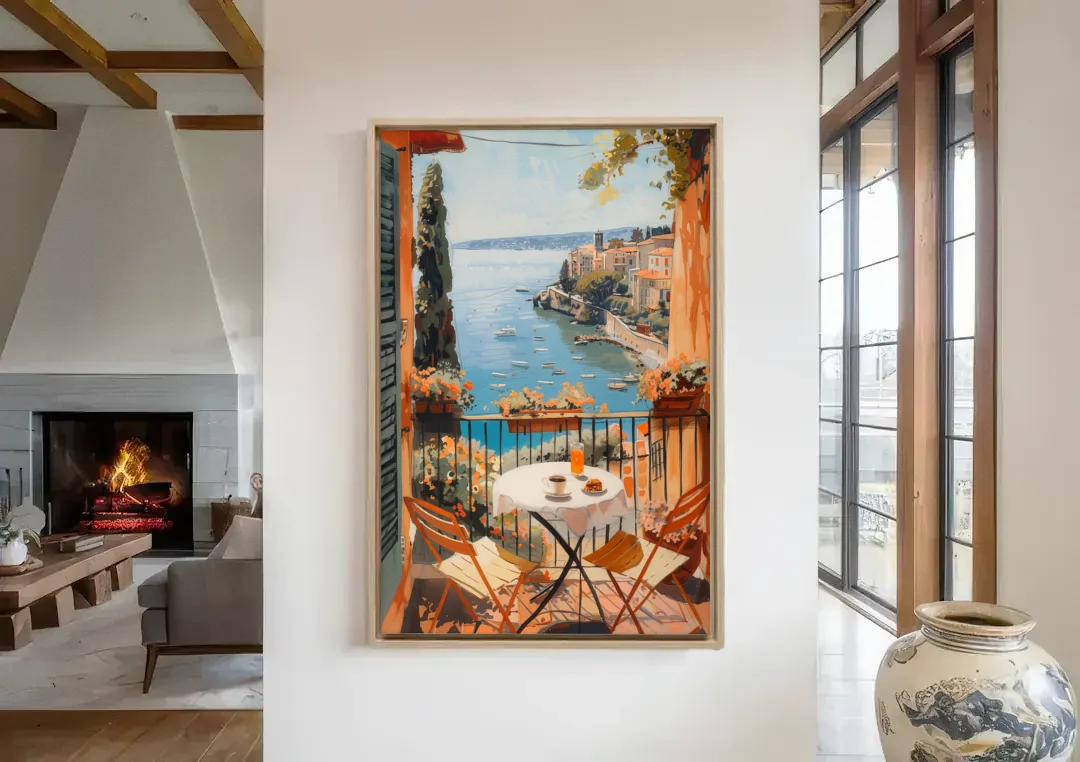 Balcony Painting Over an Italian Bay canvas wall art in a living room with a fireplace