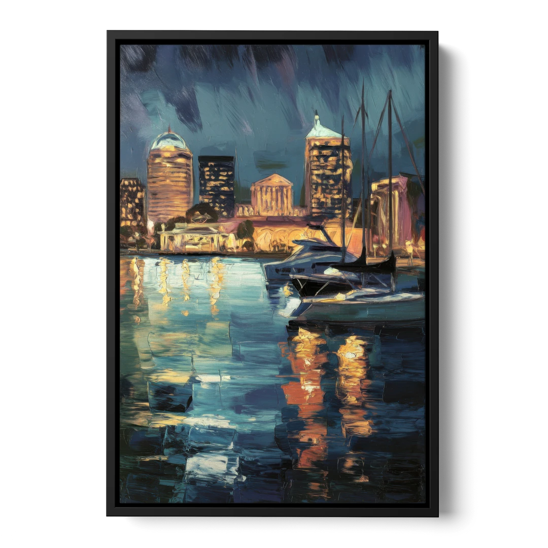 Baltimore Harbor Nightscape - Black Framed Canvas Wall Art - Front