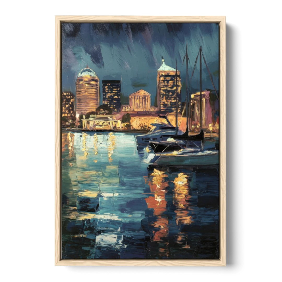 Baltimore Harbor Nightscape - Oak Framed Canvas Wall Art - Front