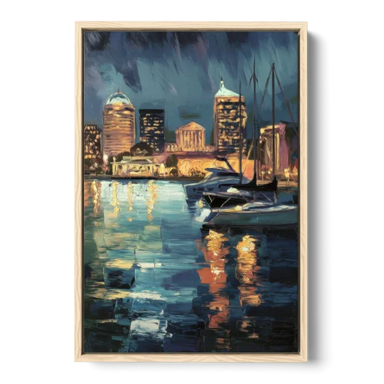 Baltimore Harbor Nightscape - Oak Framed Canvas Wall Art - Front