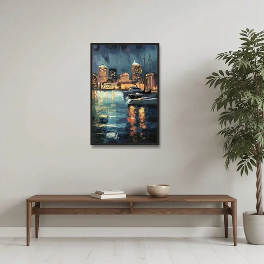 Baltimore Harbor Nightscape - Black Framed Canvas Wall Art - Coffee Table - 24x36