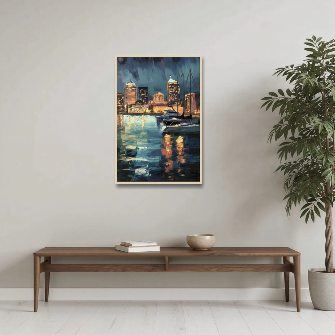 Baltimore Harbor Nightscape - Oak Framed Canvas Wall Art - Coffee Table - 24x36