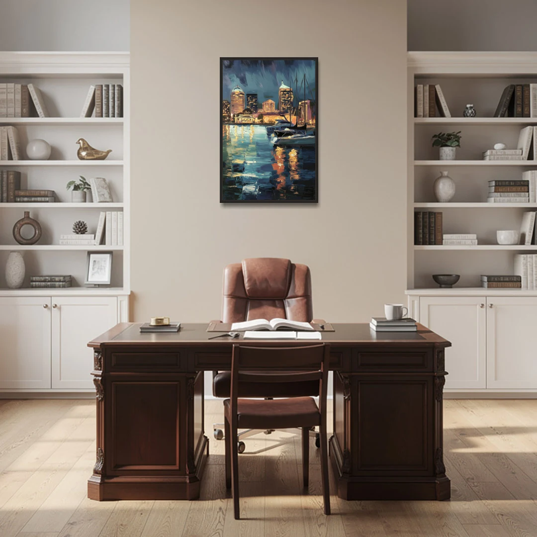 Baltimore Harbor Nightscape - Black Framed Canvas Wall Art - Office - 24x36