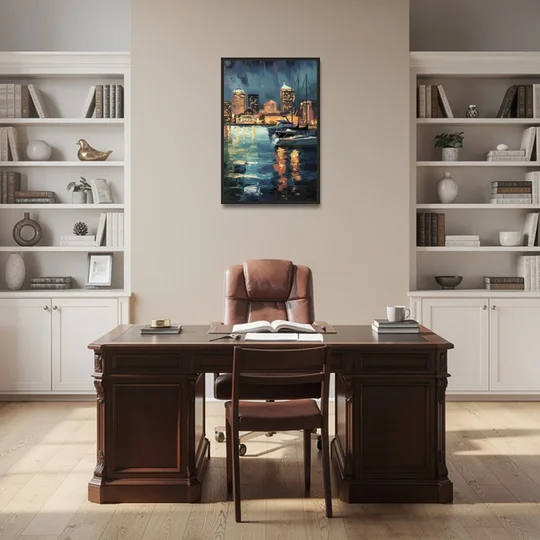 Baltimore Harbor Nightscape - Black Framed Canvas Wall Art - Office - 24x36