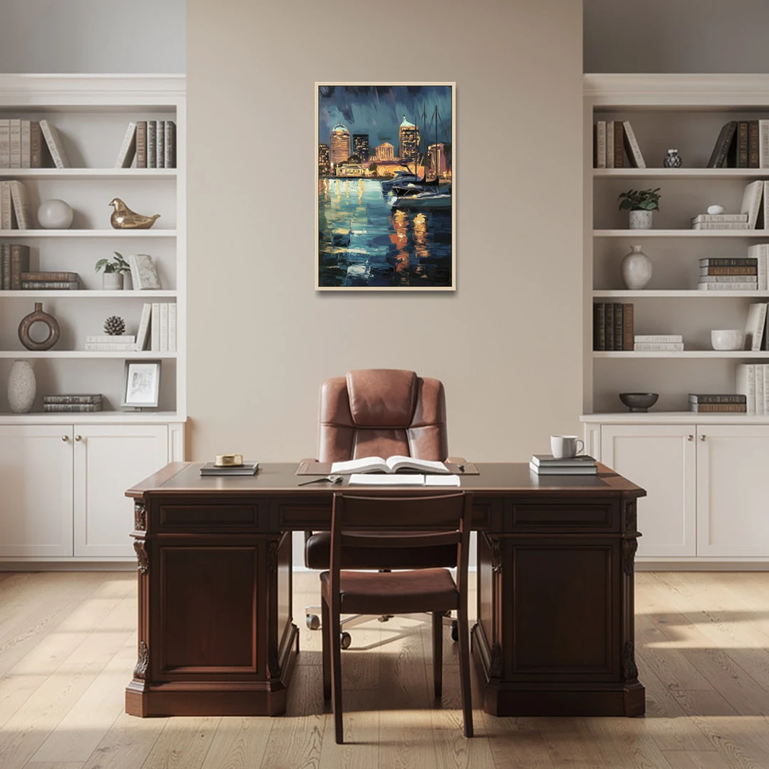 Baltimore Harbor Nightscape - Oak Framed Canvas Wall Art - Office - 24x36