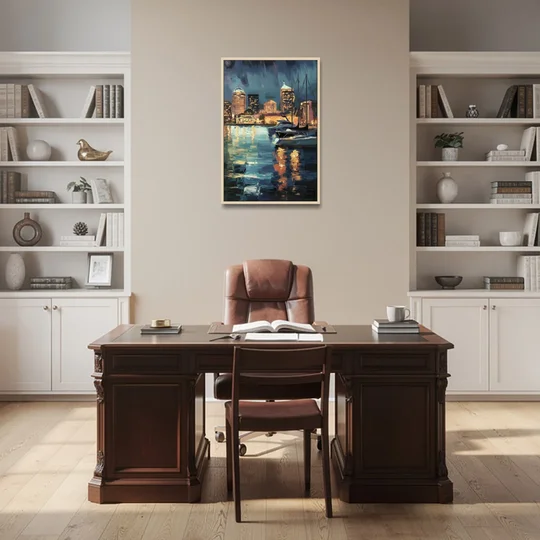 Baltimore Harbor Nightscape - Oak Framed Canvas Wall Art - Office - 24x36