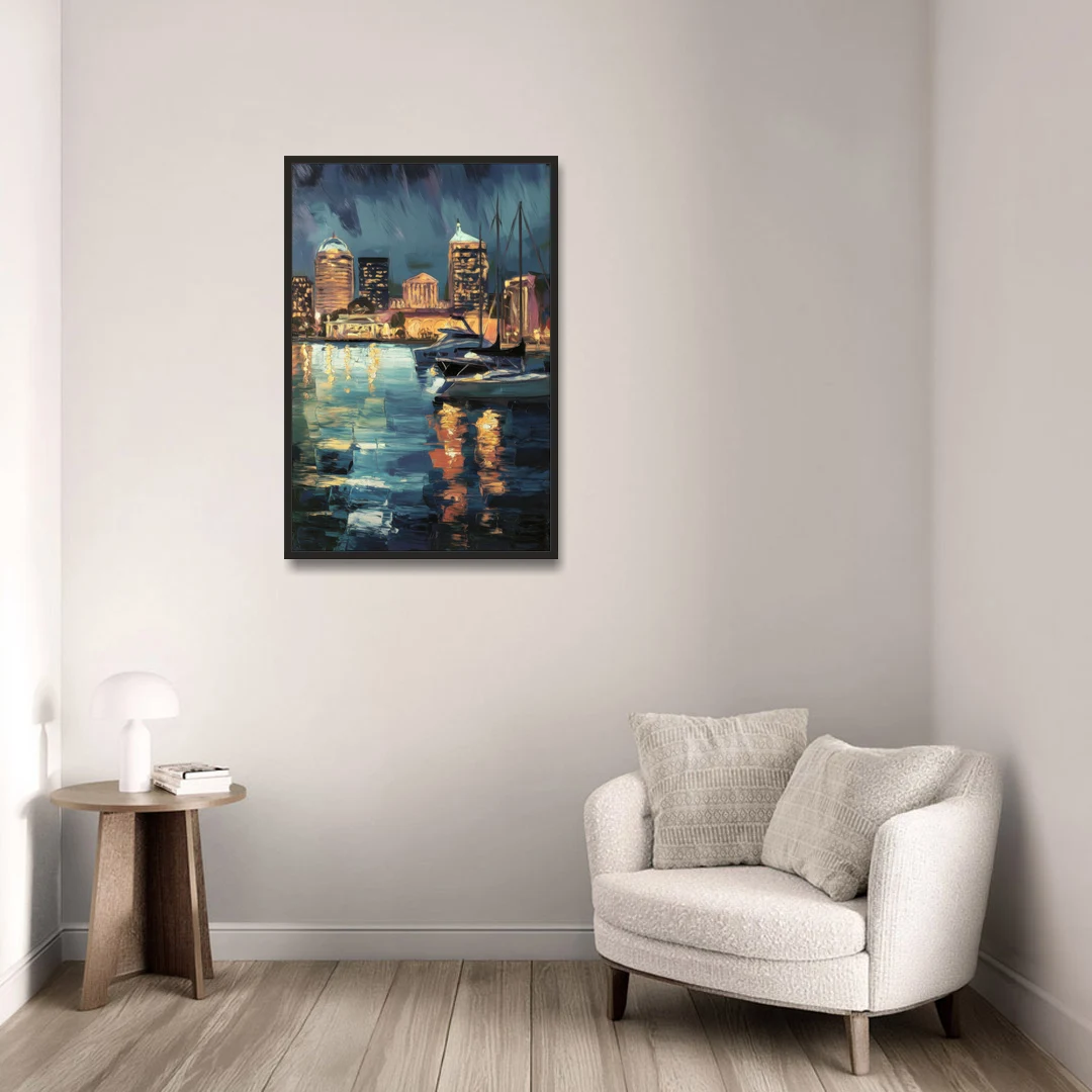 Baltimore Harbor Nightscape - Black Framed Canvas Wall Art - Sofa - 24x36