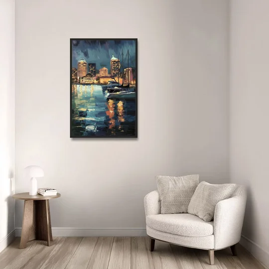Baltimore Harbor Nightscape - Black Framed Canvas Wall Art - Sofa - 24x36