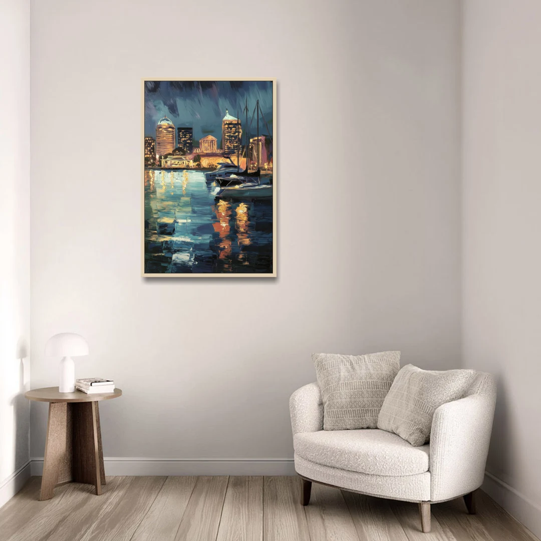 Baltimore Harbor Nightscape - Oak Framed Canvas Wall Art - Sofa - 24x36