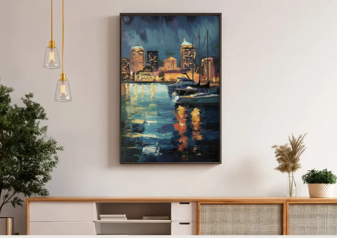 Baltimore Harbor Nightscape canvas wall art above a wooden sideboard under pendant lights