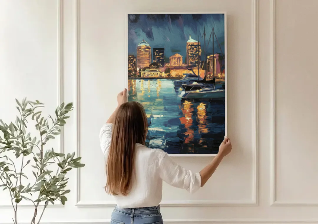 Baltimore Harbor Nightscape canvas wall art being hung on a paneled wall