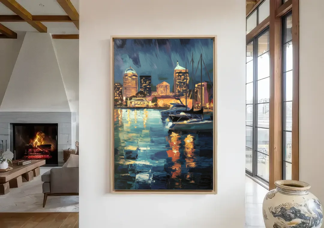 Baltimore Harbor Nightscape canvas wall art in a living room with a fireplace