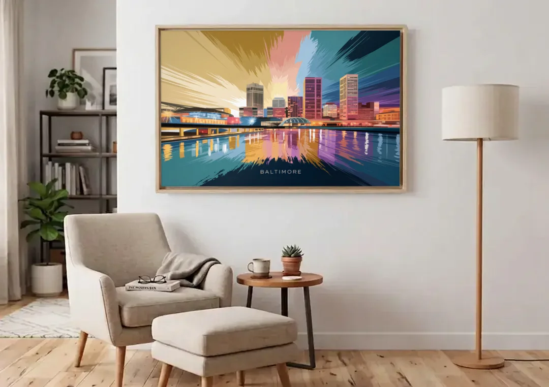 Baltimore Iconic Skyline canvas wall art above an armchair in a bright living room