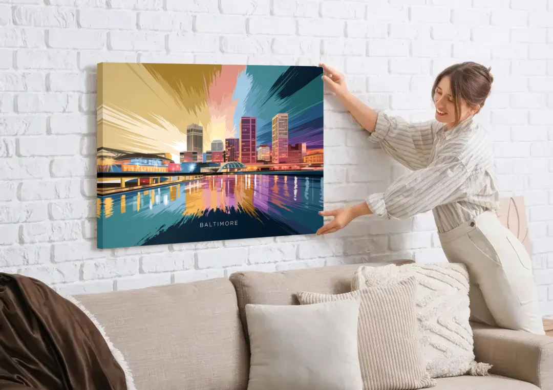 Baltimore Iconic Skyline canvas wall art being hung on a white brick wall above a sofa