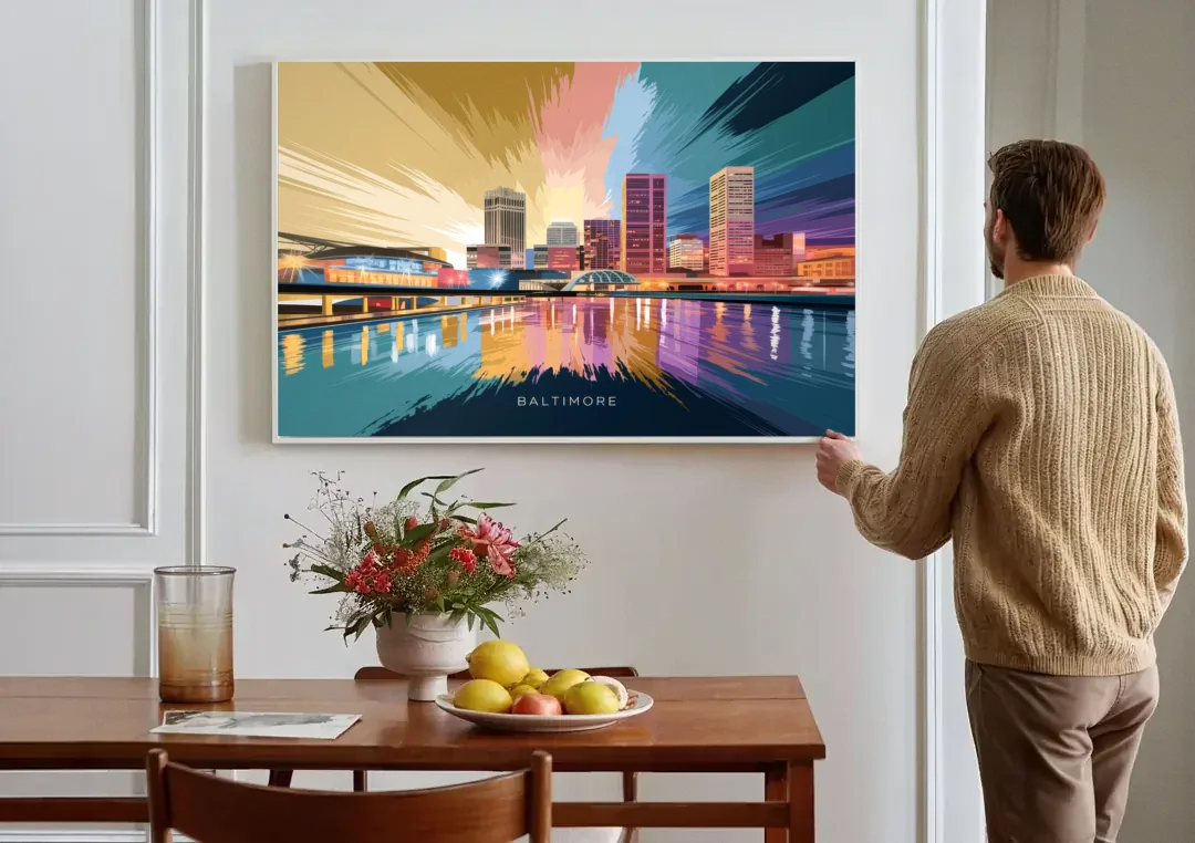 Baltimore Iconic Skyline canvas wall art above a dining table