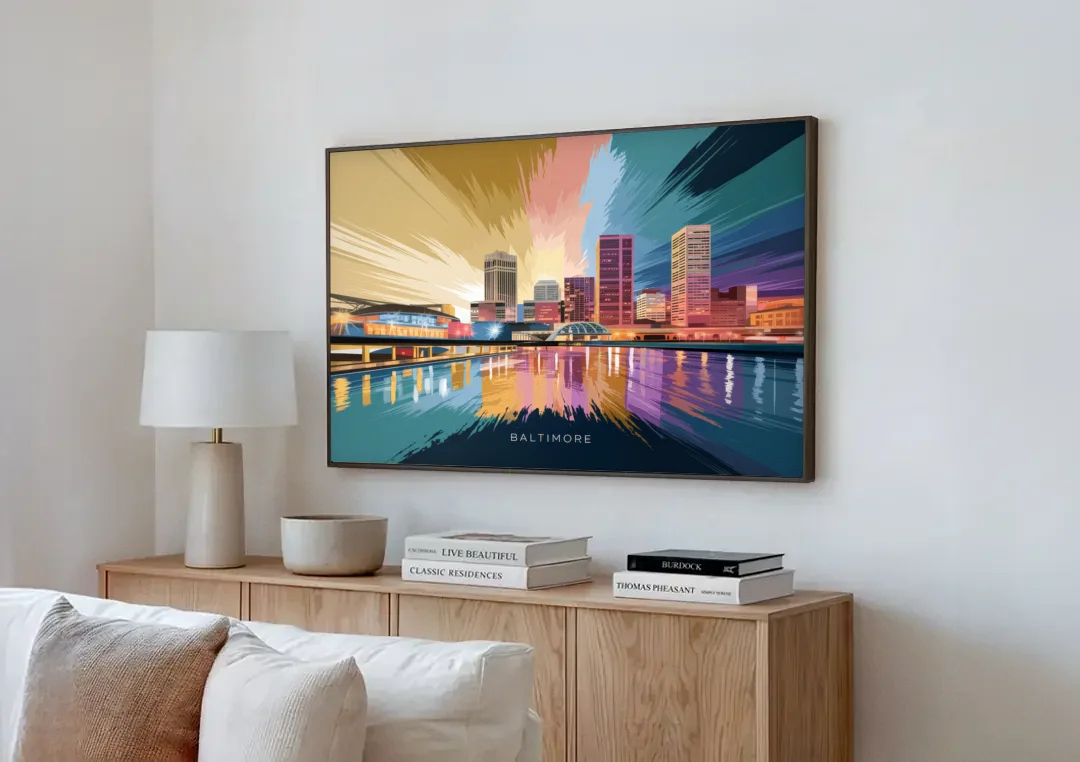 Baltimore Iconic Skyline canvas wall art above a wooden sideboard next to a sofa