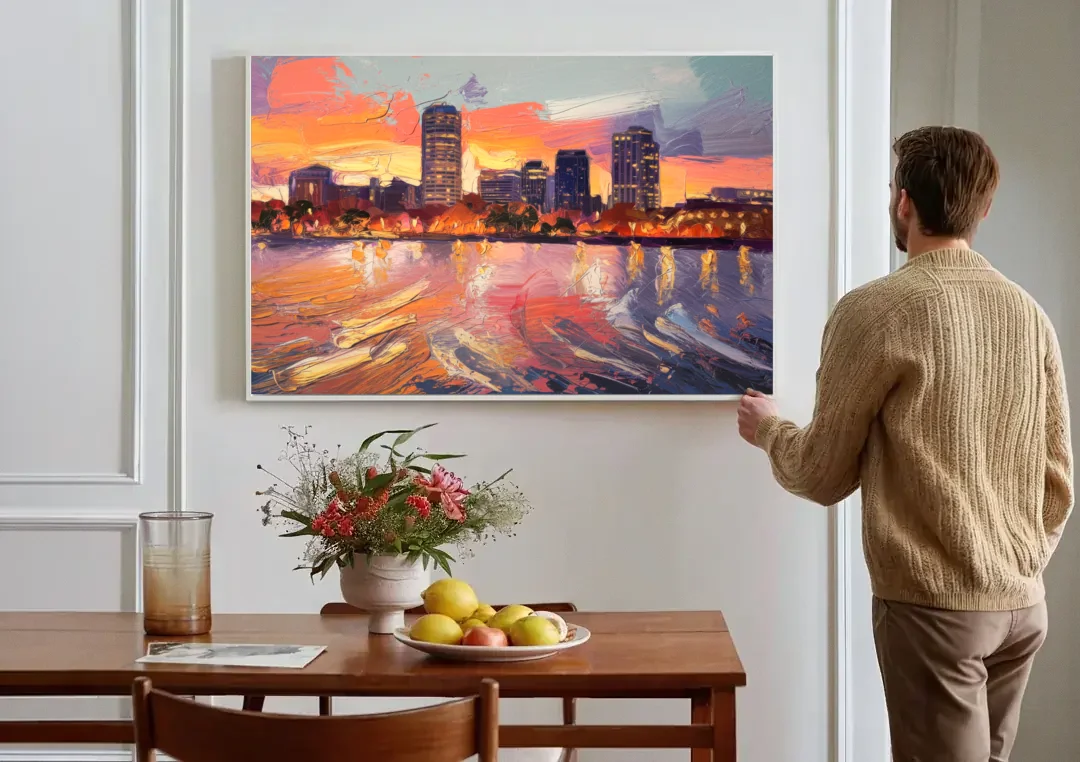 Baltimore Inner Harbor Sunset canvas wall art above a dining table