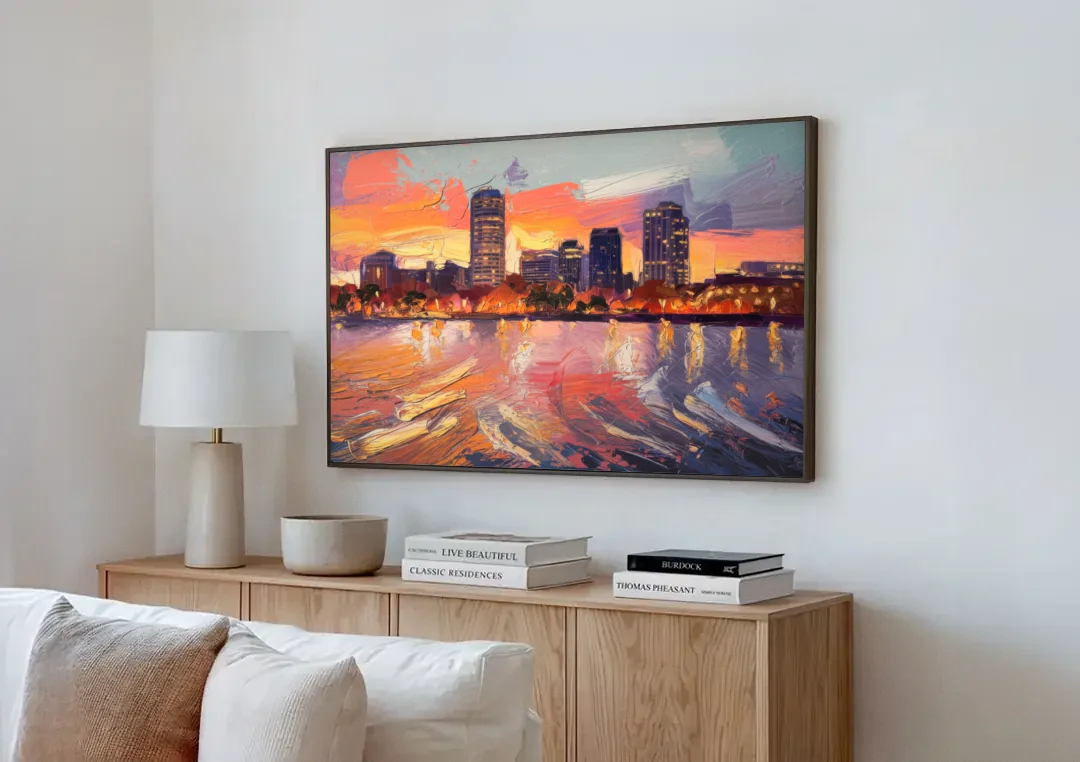 Baltimore Inner Harbor Sunset canvas wall art above a wooden sideboard next to a sofa