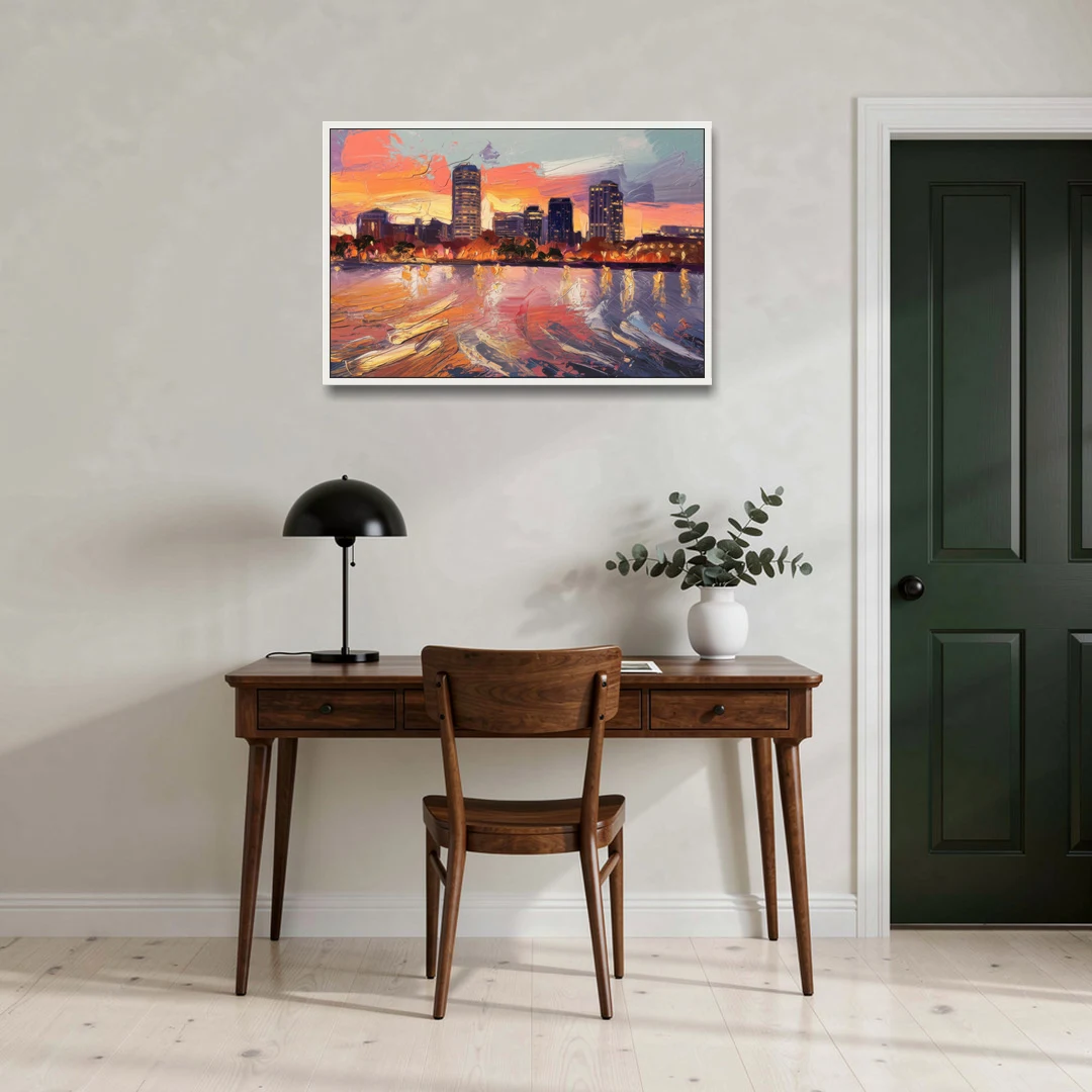 Baltimore Inner Harbor Sunset - White Framed Canvas Wall Art - Office - 36x24
