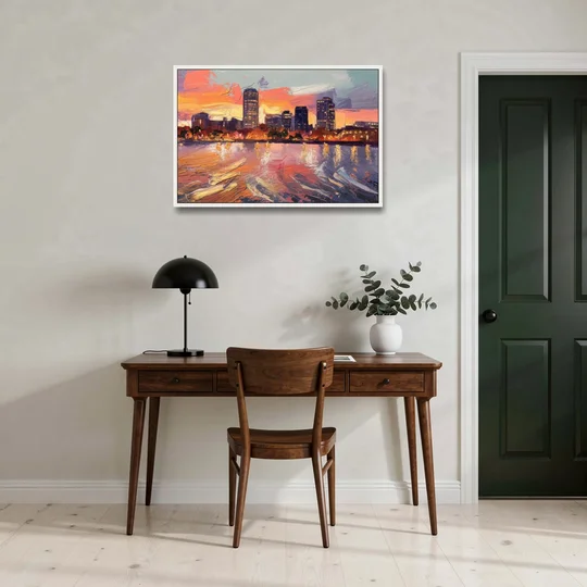 Baltimore Inner Harbor Sunset - White Framed Canvas Wall Art - Office - 36x24