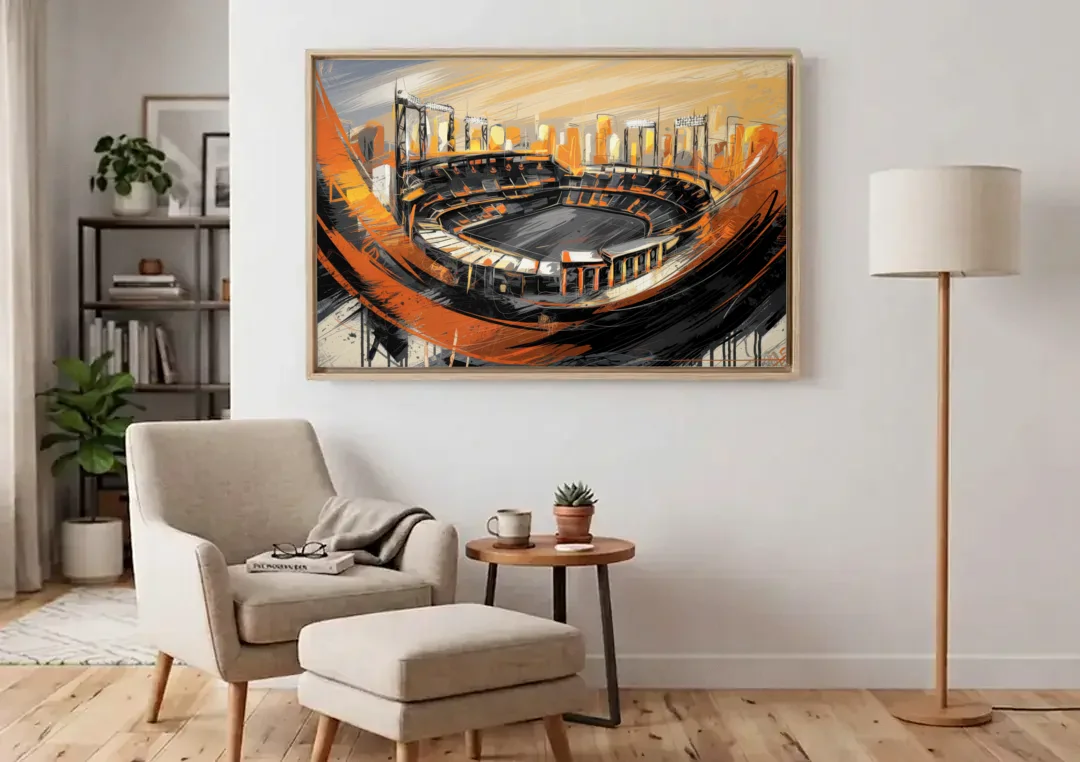 Baltimore Orioles Team Spirit canvas wall art above an armchair in a bright living room