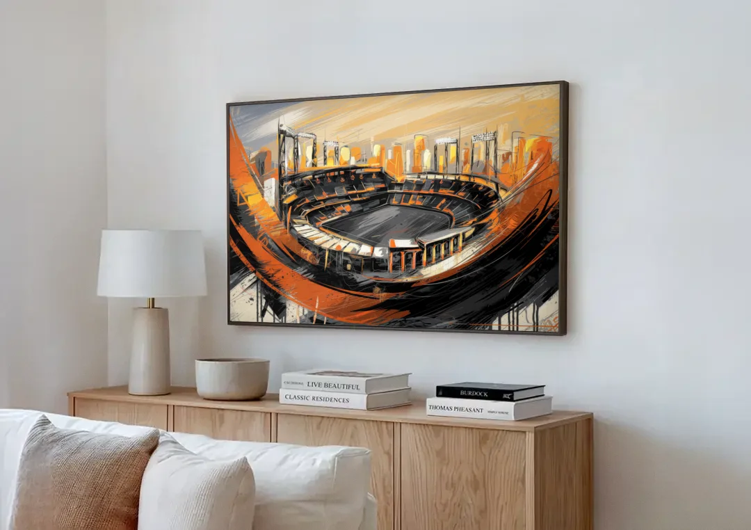 Baltimore Orioles Team Spirit canvas wall art above a wooden sideboard next to a sofa