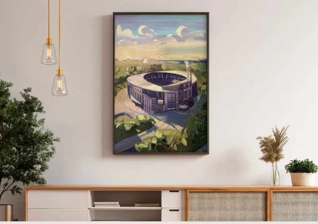 Baltimore Ravens Stadium View canvas wall art above a wooden sideboard under pendant lights