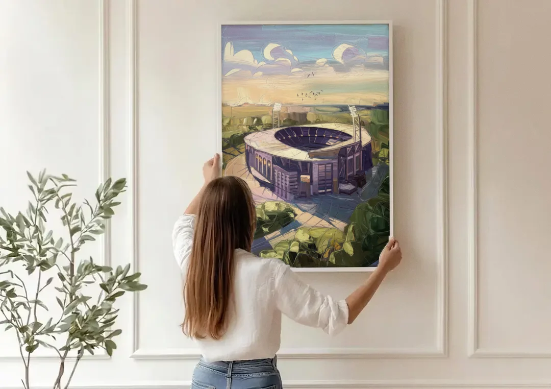 Baltimore Ravens Stadium View canvas wall art being hung on a paneled wall