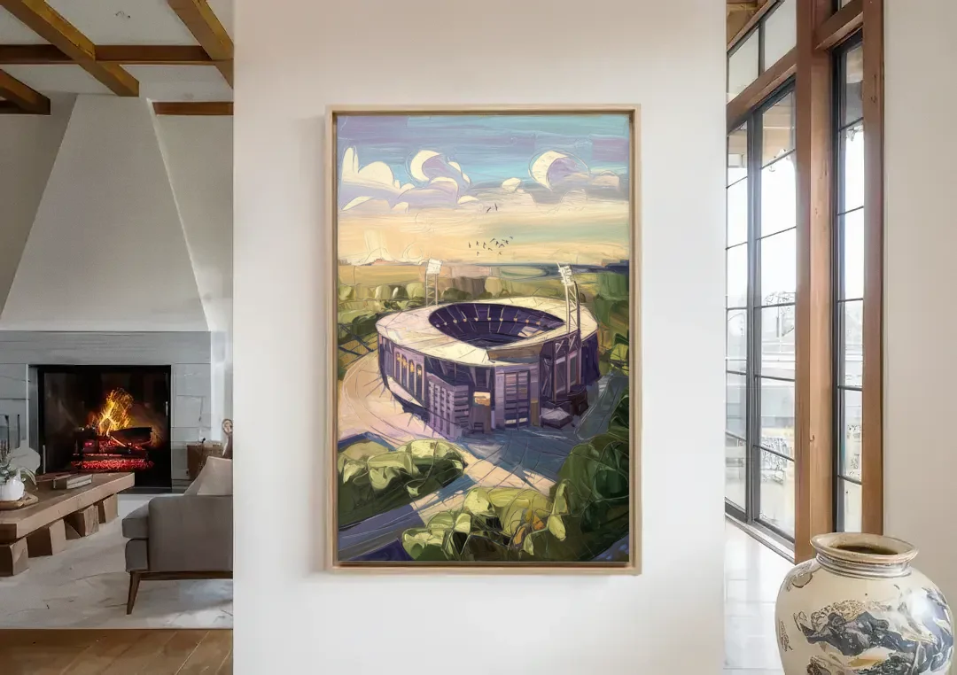 Baltimore Ravens Stadium View canvas wall art in a living room with a fireplace