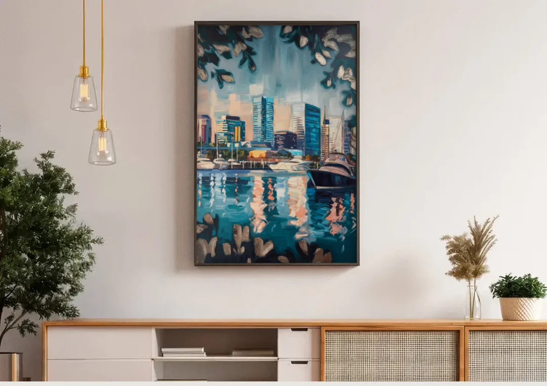 Baltimore Scenic Harbor Views canvas wall art above a wooden sideboard under pendant lights