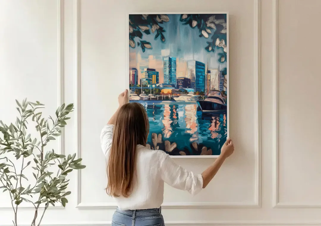 Baltimore Scenic Harbor Views canvas wall art being hung on a paneled wall