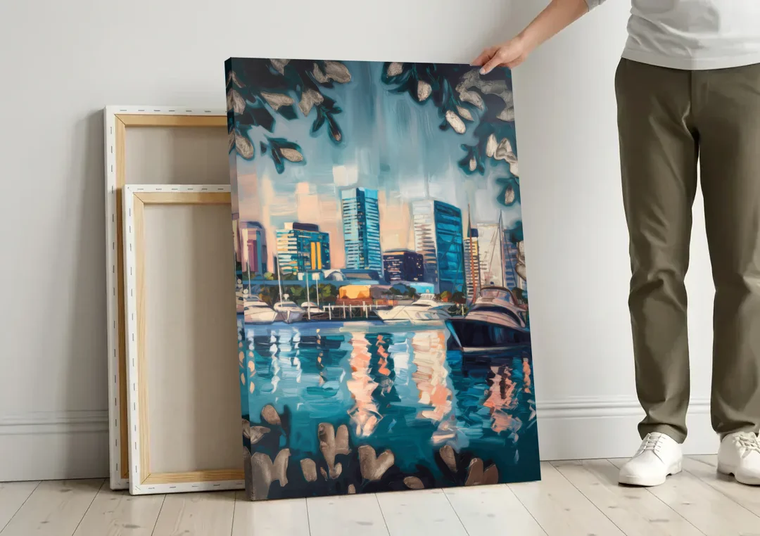 Baltimore Scenic Harbor Views canvas wall art leaning against a wall next to blank canvases