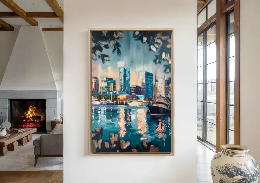 Baltimore Scenic Harbor Views canvas wall art in a living room with a fireplace