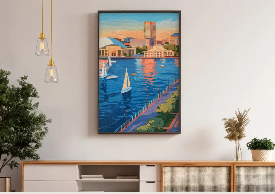 Baltimore Waterfront Charm canvas wall art above a wooden sideboard under pendant lights
