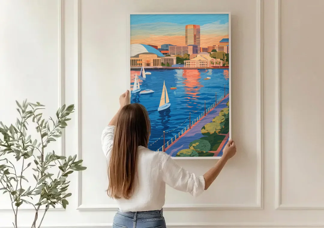 Baltimore Waterfront Charm canvas wall art being hung on a paneled wall