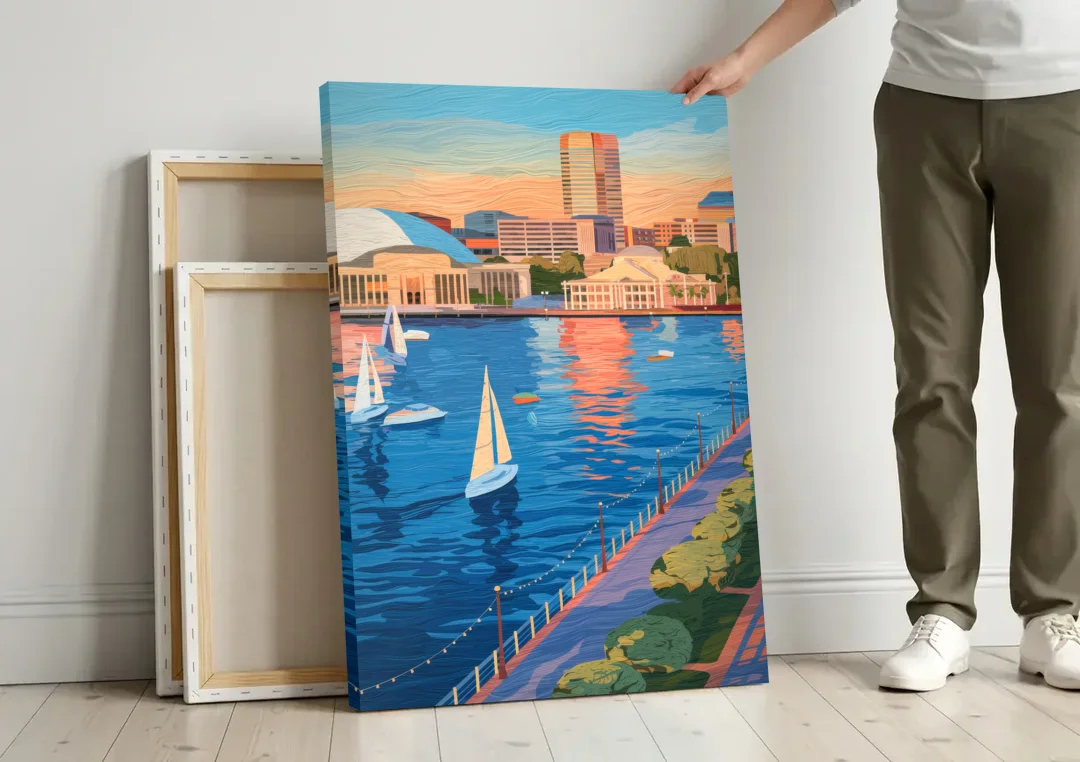 Baltimore Waterfront Charm canvas wall art leaning against a wall next to blank canvases