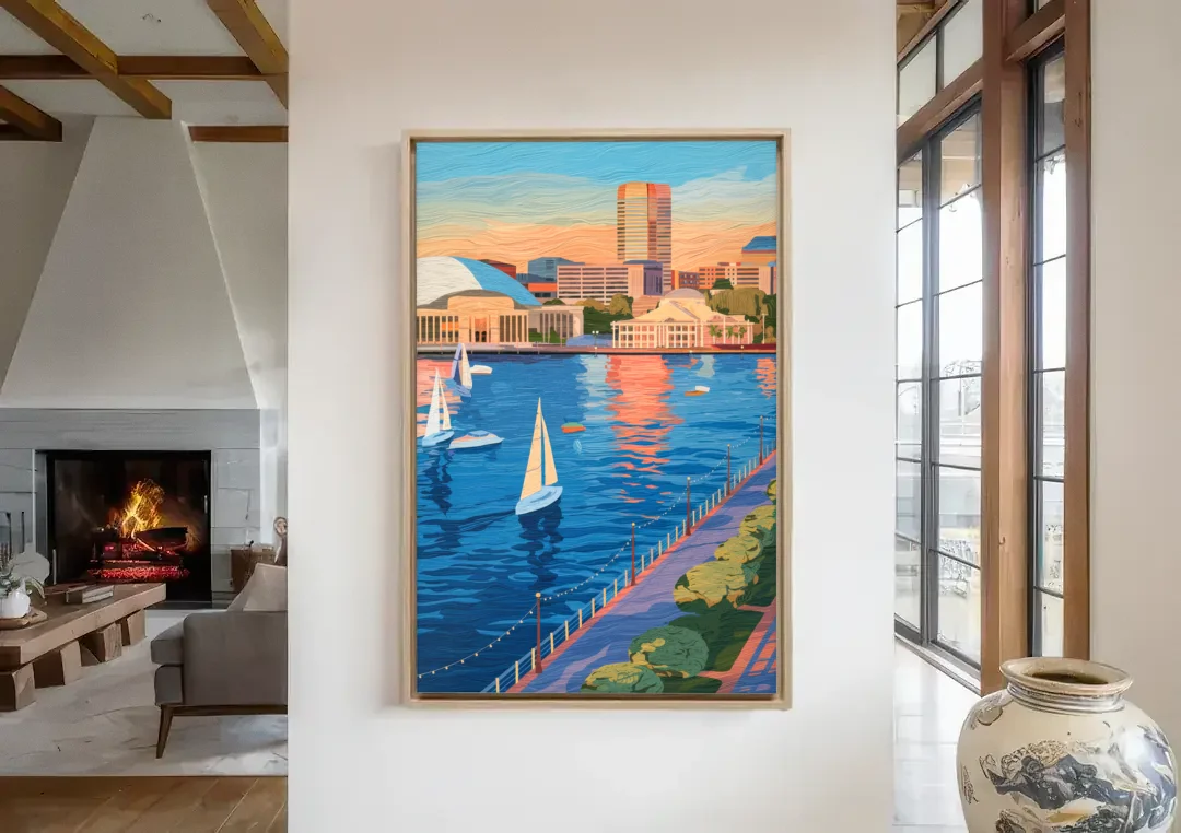 Baltimore Waterfront Charm canvas wall art in a living room with a fireplace