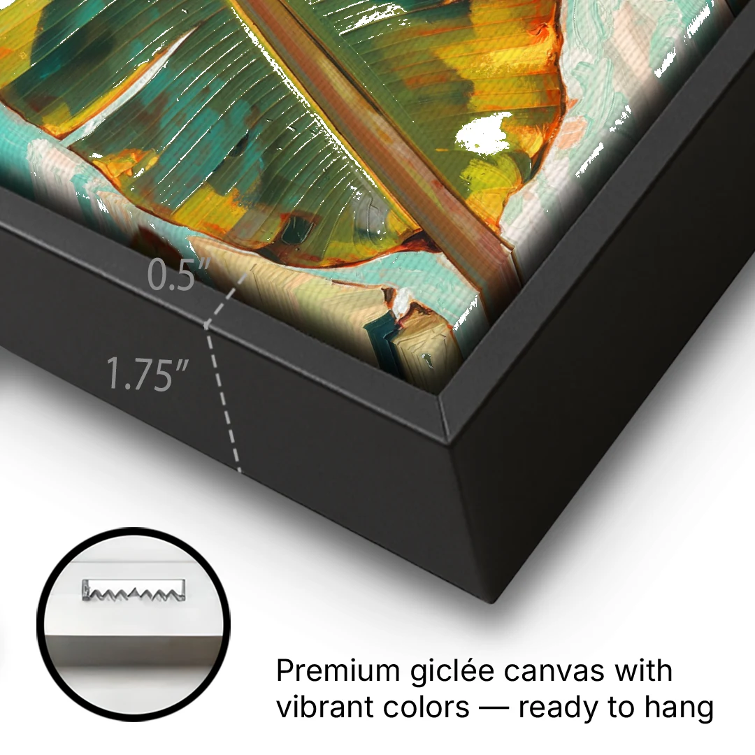 Banana Leaf Wall Art in Golden Backlight - Black Framed Canvas Wall Art - Gallery Wrap Corner