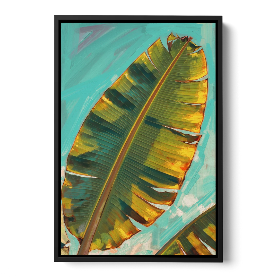 Banana Leaf Wall Art in Golden Backlight - Black Framed Canvas Wall Art - Front