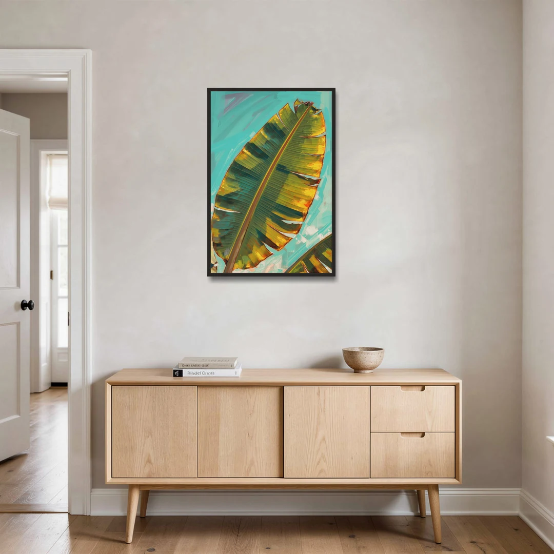Banana Leaf Wall Art in Golden Backlight - Black Framed Canvas Wall Art - Coffee Table - 24x36